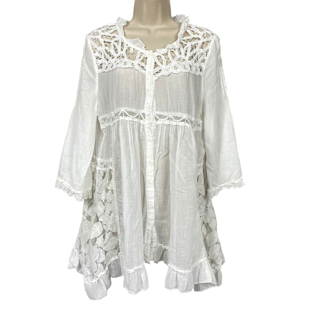 Sacred Threads Tunic Babydoll Top Womens Large White Lace Crochet Boho Sheer